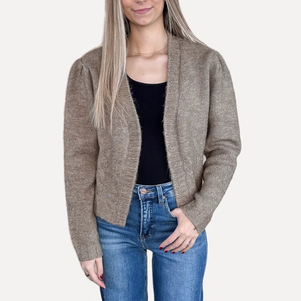 Puff Sleeve Knit Sweater Cardigan - Cafe Latte